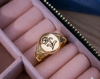 Custom Birth Flower Ring, Personalized Silver Birth Flower Ring, 12 Birth Month Flower Jewelry, Gift for Mom, Customized Gold Ring for Women