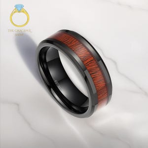 Ceramic Black Ring for Men Inlaid with Wood Grain Flat Chamfer, 6mm, 8mm Ring, Ring for Him, Gift for Men, Personalized Ring, Boyfriend Gift