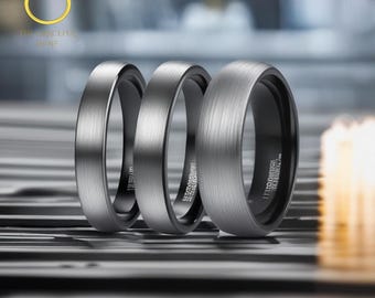 Tungsten Steel Silver and Black  Hand Brushed Ring for Men, 4mm. 6mm, 8mm Silver Black Ring, Ring for Him, Gift for Men, Custom Black Ring