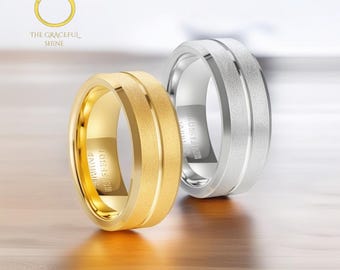 Custom Sandblasting Gold & Silver Ring for Men,  8mm Tungsten Carbide Ring , Electro-Gold Slotted Ring, Gift for Him, Wedding Band for Men