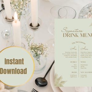 Boho Signature Drinks Menu - Sage, indywidualne menu na wesela, imprezy okolicznościowe, edytowalny szablon