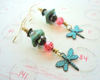 Jappaned Austrian Crystal Pink Butterfly with Matching Clip Earrings