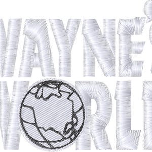 以下が含まれることがあります： 「Wayne's World」と刺繍された白いテキストと、中央に白黒の地球儀のグラフィックがあります。