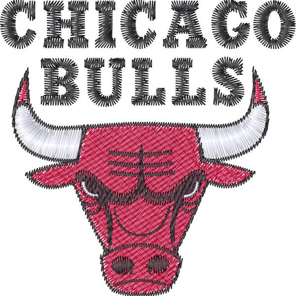 May include: Chicago Bulls logo with a red bull head with black horns and white horns, black eyes, and a black nose. The text "CHICAGO BULLS" is above the bull head in black.