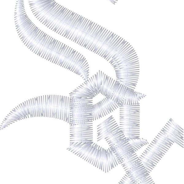 May include: A white embroidered letter S with a stylized design. The letter is in a traditional font and is stitched with a white thread.