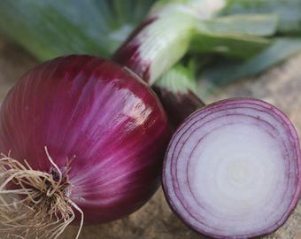 May include: A close-up of a red onion, with one whole and one cut in half, revealing concentric rings. The onion has a deep purple hue with a white center. Green onion stalks are visible in the background, resting on a textured surface.