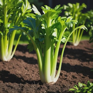 May include: Close-up of fresh celery plants growing in rich, brown soil. The celery stalks are a vibrant green, with broad, leafy tops. The image shows multiple plants, with the focus on the central plant. The scene is well-lit, highlighting the texture and color of the vegetables.