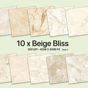 Può includere: Dieci texture di piastrelle di marmo beige con un motivo di venature marrone chiaro. 10 x Beige Bliss. 300 DPI - 4096 x 4096 PX. Style C.
