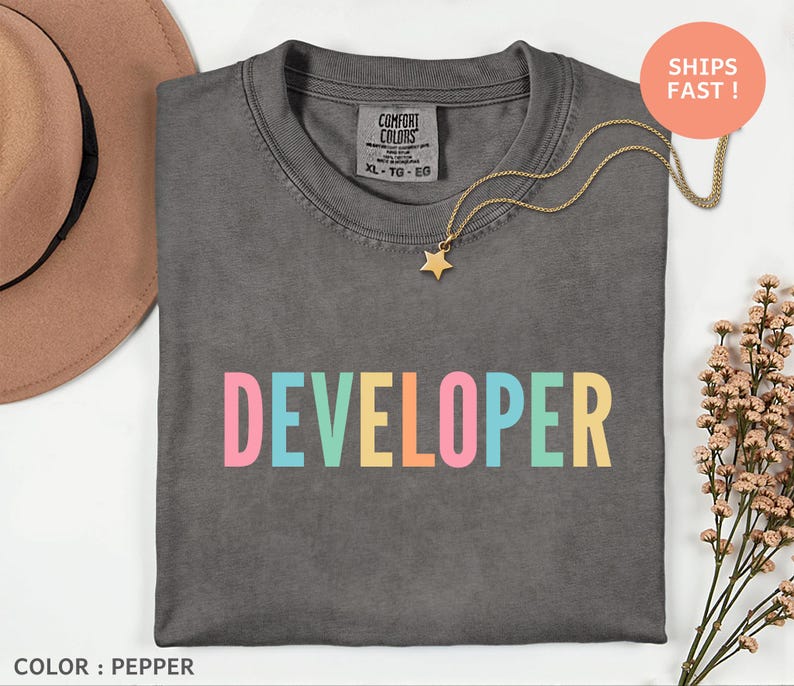 a gray t-shirt with the word "DEVELOPER" printed on it in a colorful font, along with a necklace and a hat.