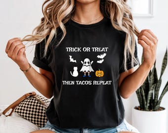 トリック・オア・トリート タコスシャツ - ハロウィンフードコスチューム、パンプキンシャツ、秋、不気味なTシャツ