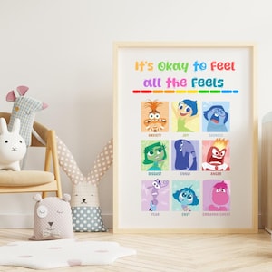 Puede incluir: Un póster imprimible colorido con el texto "It's Okay to Feel all the Feels" e ilustraciones de personajes que representan diferentes emociones, incluyendo ansiedad, alegría, tristeza, disgusto, aburrimiento, ira, miedo, envidia y vergüenza.