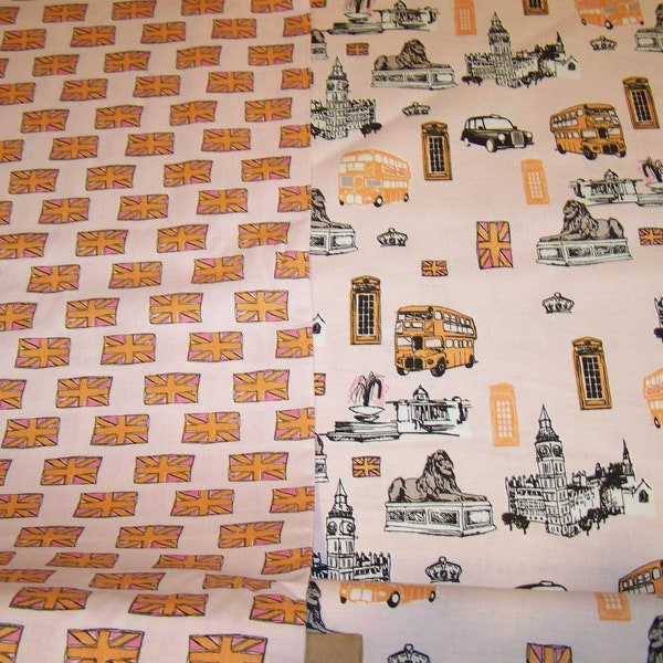 Riley Blake British invasion London scenes Big Ben Buckingham Palace pink/orange fabric 1 yard piece C-3844 C-3840