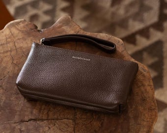 Borsa con cerniera in pelle pieno fiore, pochette da viaggio fatta a mano