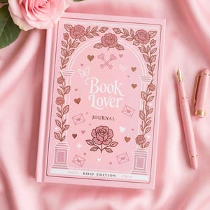 Könnte beinhalten: Ein hellrosa Notizbuch mit festem Einband, betitelt Book Lover Journal, Rose Edition, mit einer Torbogen-Illustration aus Rosen, Schlüsseln, Umschlägen und Herzen. Ein passender hellrosa Füllfederhalter mit Goldfeder und eine einzelne Rose liegen daneben.