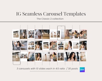 Puede incluir: Anuncio de "Plantillas de carrusel IG sin costuras". La imagen muestra una cuadrícula de fotos, mostrando el diseño de las plantillas. El texto incluye "The Classic 2 collection" y detalles sobre las plantillas, incluido el logotipo de Canva.