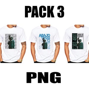 May include: A pack of three white t-shirts with different graphic designs. The designs feature a person in a military uniform with text in Spanish. The text on the shirts reads "Venezuela", "Abajo Cadenas", and "Votos 7.303.480 &iexcl;Abajo Cadenas!"