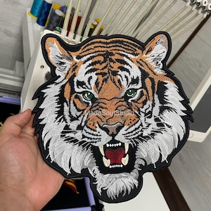TIGER Embroidered Patch Large Iron On Patch For Jackets Wild Tiger Head Fierce Animal Applique Patch For Custom Gift Battle Jacket Patch