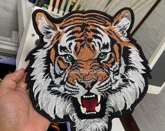 TIGER Embroidered Patch Large Iron On Patch For Jackets Wild Tiger Head Fierce Animal Applique Patch For Custom Gift Battle Jacket Patch