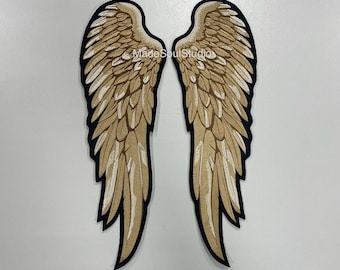 Embroidered Golden Angel Wings Patch Set: Iron On Jacket Patches