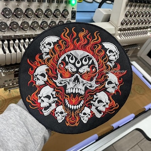 Flaming Skull Circle Embroidered Back Patch for custom biker vest, Large iron on patch