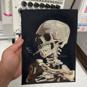 Embroidered Skull of a Skeleton with Burning Cigarette Patch large iron on patch for jackets Van Gogh Skull Patch for custom gift