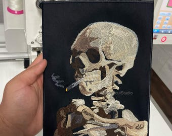 Embroidered Skull of a Skeleton with Burning Cigarette Patch large iron on patch for jackets Van Gogh Skull Patch for custom gift