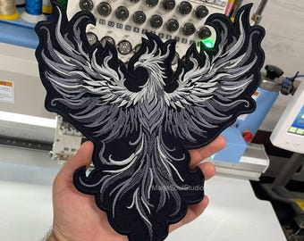 Embroidered IRON GRAY Fire PHOENIX Patch large iron on patch for jackets Burning Bird Patch for custom gift