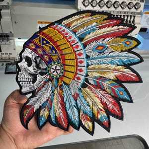 Embroidered INDIAN SKULL Patch large iron on patch for jackets American Native Chef Patch for custom gift