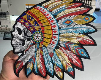 Embroidered Indian Chief Skull Patch: Iron-On Jacket Applique