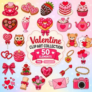 Può includere: Una collezione digitale di 50 elementi clip art a tema San Valentino che include cuori, dolci, un orsacchiotto, un gattino, una candela a rosa, un bouquet di tulipani, una fotocamera e un'etichetta centrale con la scritta Valentine CLIP ART.