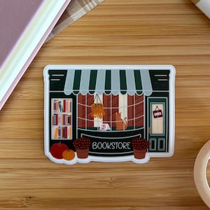 Autumn Bookstore Sticker – Cozy Fall Cat Bookshop Vinyl (Matte)
