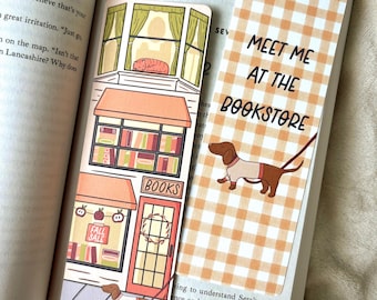 Autumn Bookstore Linen Bookmark – Double-Sided Cozy Illustration