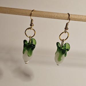 Bok Choy Vegetable Gold Dangle Earrings - Dark Green with Pearl