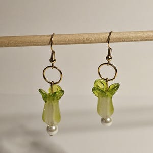 Bok Choy Vegetable Gold Dangle Earrings - Lime Green with Pearl