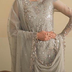 Chiffon Net  Pakistani Salwar Kameez offehite cream Custom Embroidered Outfit