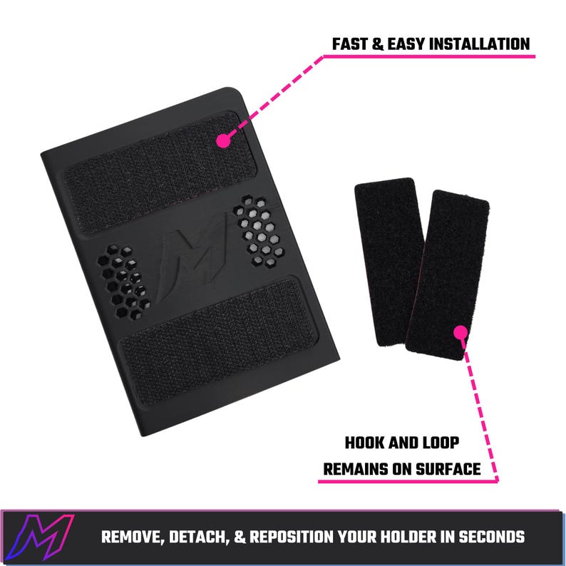May include: A black rectangular holder featuring two horizontal hook and loop strips, a central letter M logo, and two side panels with a hexagonal cutout pattern. Two additional black hook and loop strips are included. Text reads: FAST & EASY INSTALLATION, HOOK AND LOOP REMAINS ON SURFACE, REMOVE, DETACH, & REPOSITION YOUR HOLDER IN SECONDS.
