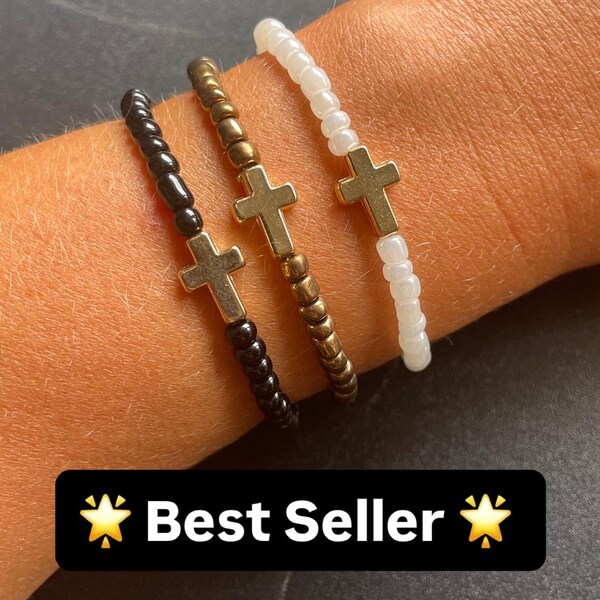 Faith Cross Bracelet for Women – Minimalist Beaded Stretch Bracelet in Black, White, or Bronze