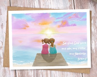 Personalized Beach Sunset Sister Birthday Card: Friends/Sisters Forever, Hand-Drawn Art