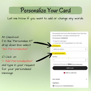 May include: Image with instructions on how to personalise a card. The text says "Personalise Your Card" and explains how to add a personalised message at checkout. A product listing for a "Personalized Cat Funny 50th Birthday Card" is also visible.