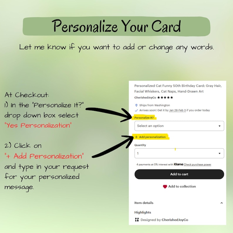 May include: Image with instructions on how to personalise a card. The text says "Personalise Your Card" and explains how to add a personalised message at checkout. A product listing for a "Personalized Cat Funny 50th Birthday Card" is also visible.