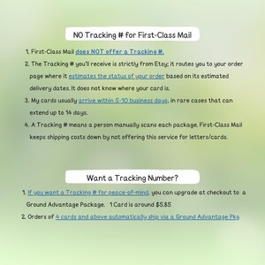 May include: A green and white graphic with text explaining First-Class Mail and tracking. It states that First-Class Mail doesn't offer tracking and provides information on delivery times and upgrade options for peace of mind.