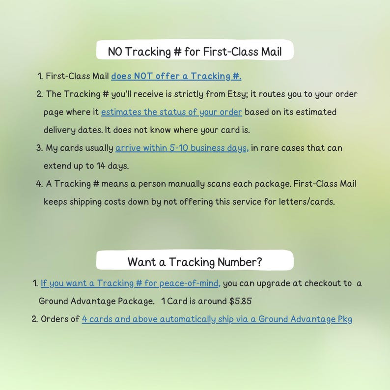 May include: A green and white graphic with text explaining First-Class Mail and tracking. It states that First-Class Mail doesn't offer tracking and provides information on delivery times and upgrade options for peace of mind.