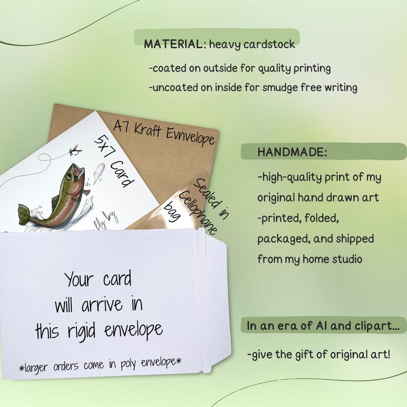 May include: A 5x7 cm card with a fish illustration, inside a kraft envelope, sealed in a cellophane bag. The card is packaged in a rigid envelope. The text reads "Your card will arrive in this rigid envelope."
