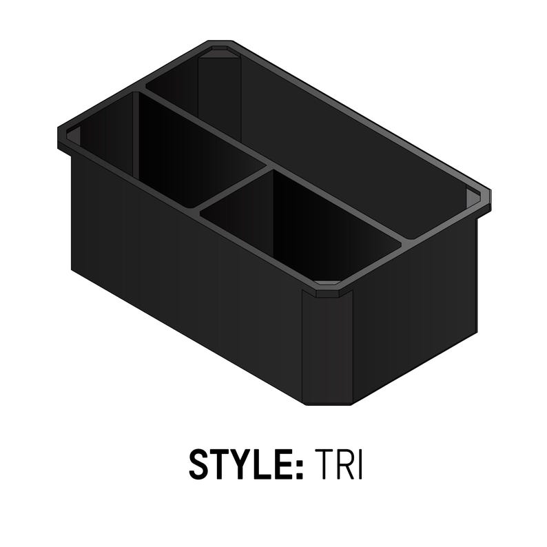 May include: A black rectangular organizer with three compartments. The organizer has a raised edge and the text "STYLE: TRI" is displayed below the organizer.