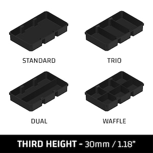 May include: Four black rectangular storage trays with different internal compartment designs. The trays are labeled "STANDARD", "TRIO", "DUAL", and "WAFFLE". The text "THIRD HEIGHT - 30mm / 1.18" is displayed below the trays.