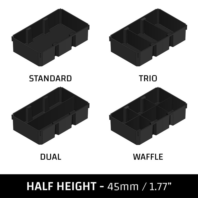May include: Four black plastic storage containers in different configurations: Standard, Trio, Dual, and Waffle. The text "HALF HEIGHT - 45mm / 1.77" is displayed at the bottom of the image.