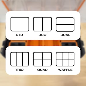 Puede incluir: Un gr&aacute;fico blanco con seis dise&ntilde;os de cajas delineadas en negro, cada uno dividido en secciones. Las etiquetas de texto son STD, DUO, DUAL, TRIO, QUAD y WAFFLE. El fondo es naranja y negro borroso.