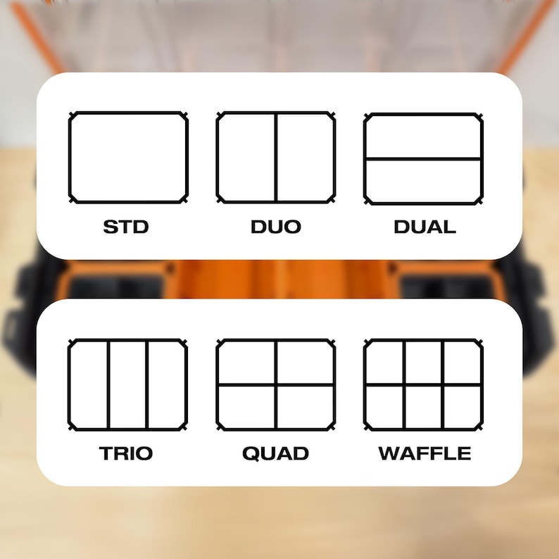 Puede incluir: Un gr&aacute;fico blanco con seis dise&ntilde;os de cajas delineadas en negro, cada uno dividido en secciones. Las etiquetas de texto son STD, DUO, DUAL, TRIO, QUAD y WAFFLE. El fondo es naranja y negro borroso.