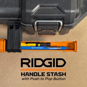 May include: Black and orange RIDGID tool case with a handle stash. The handle stash contains a yellow and a blue pen. The text "RIDGID" and "HANDLE STASH with Push to Pop Button" are visible.