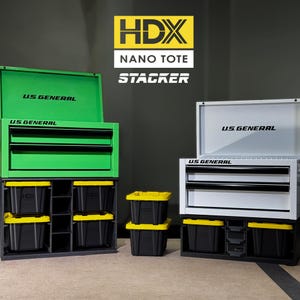 May include: Two metal tool chests with open lids, one green and one white, both labelled U.S. GENERAL. Below each chest are black storage units with yellow-lidded HDX NANO TOTE STACKER bins. Two additional black bins with yellow lids are stacked in the centre.